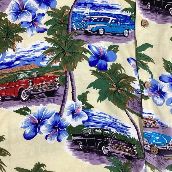 Vtg Island CollectionHawaiian Button Up Mens XL Classic Chevrolet Cars Floral - Picture 4 of 11